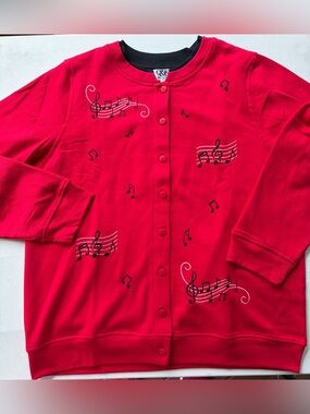 Vintage 90s C&K Design Music Notes Cardigan Womens 2X Red Embroidered Grandma